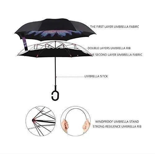 Double Layer Inverted Umbrella | Windproof Fiberglass with C-Shape Handle | Multicolor - Tenmart